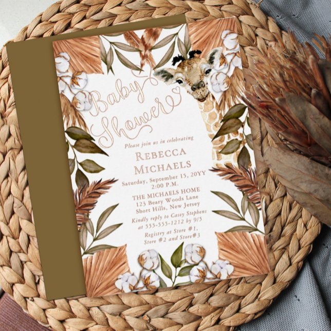 Invitation En Aluminium Cute Giraffe Boho Grasses séchées Baby shower (Créateur téléchargé)