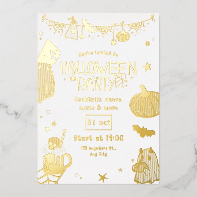 Invitation En Aluminium Cute Gold Spooky  Halloween Party (Recto)