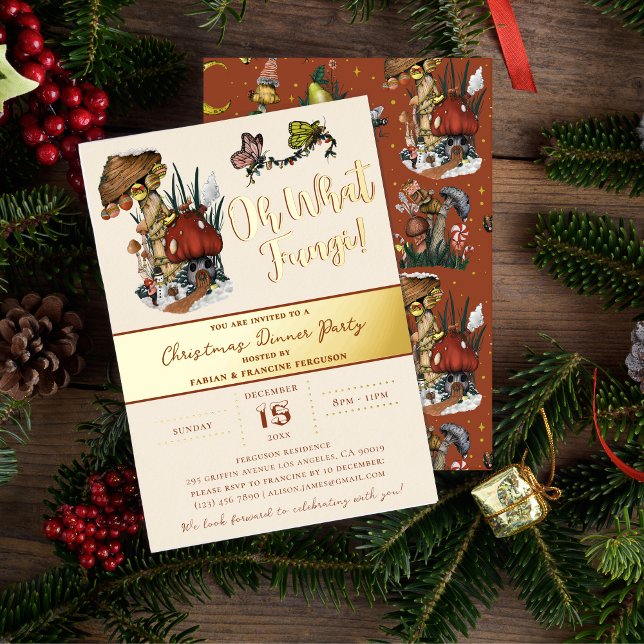 Invitation En Aluminium Cute Joyeux Champagne Maison Noël Fête de Noël (Real Gold Foil Magical Mushroom Christmas Dinner Party Invitations)
