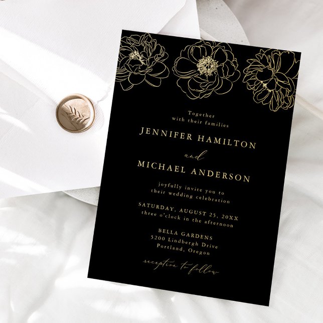 Invitation En Aluminium Dainty Floral Noir et Mariage or (Créateur téléchargé)