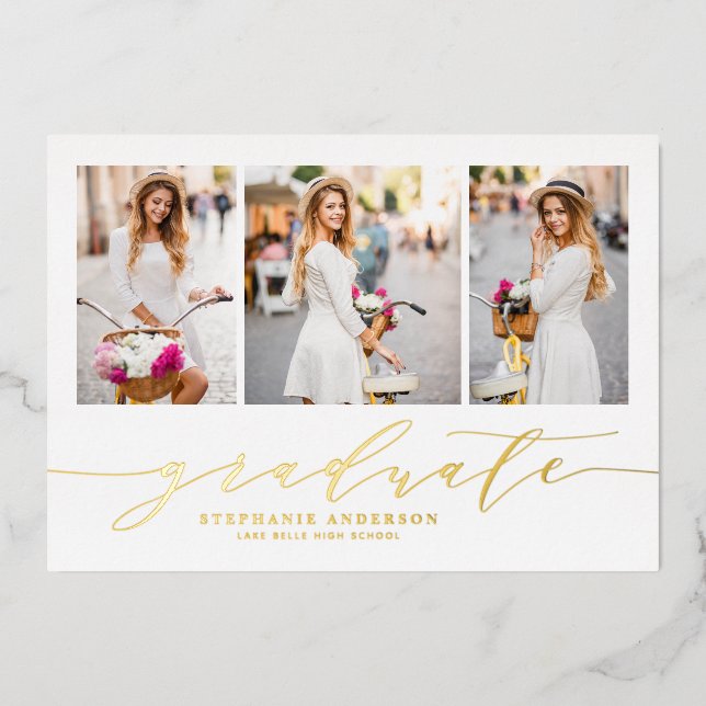 Invitation En Aluminium Dainty Script Three Photo Graduation (Recto)