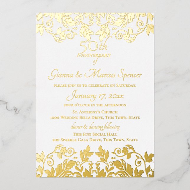 Invitation En Aluminium Damask doré 50e anniversaire (Recto)