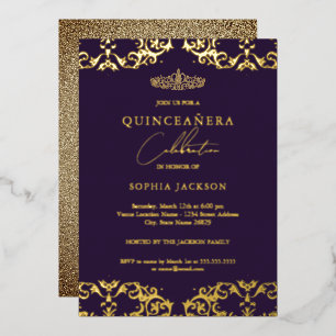 Invitation En Aluminium Damassé Or Pourpre Quinceanera 15e Anniversaire