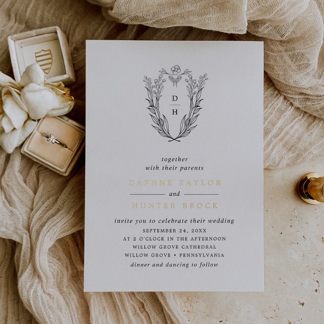 Invitation En Aluminium DAPHNE Noir Blanc Or Monogramme Mariage de verdure (DAPHNE Black White Gold Monogram Greenery Wedding Foil Invitation)