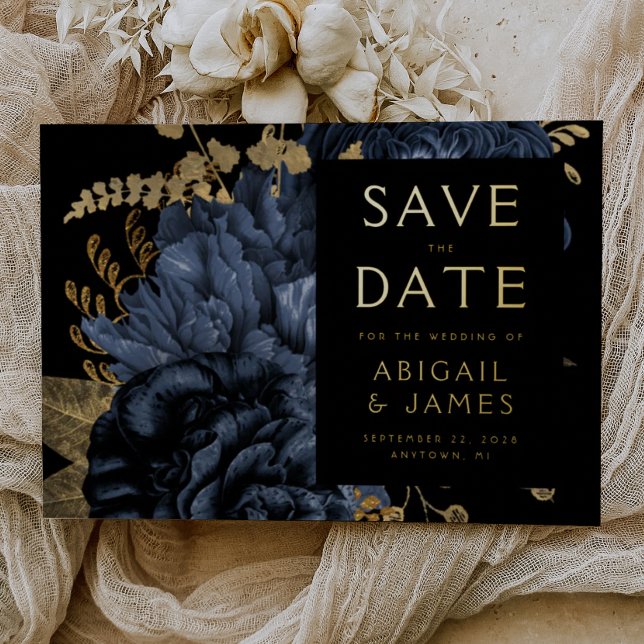 Invitation En Aluminium Dark Floral Navy Blue Gold Wedding Enregistrer la  (Créateur téléchargé)