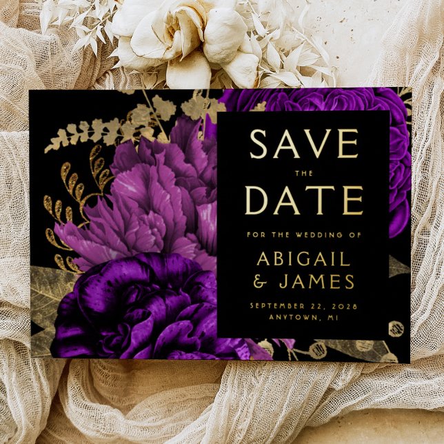 Invitation En Aluminium Dark Floral Purple Gold Wedding Save the Date (Créateur téléchargé)