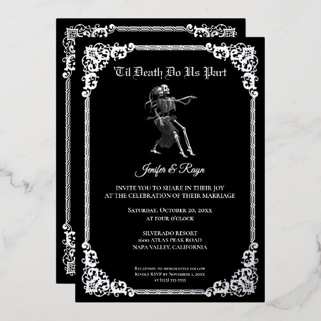 Invitation En Aluminium Dark Gothic Halloween skeleton wedding foil (Recto/Verso)