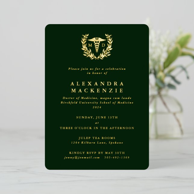 Invitation En Aluminium Dark Green MD Caduceus + Laurel Wreath Graduation (Debout devant)