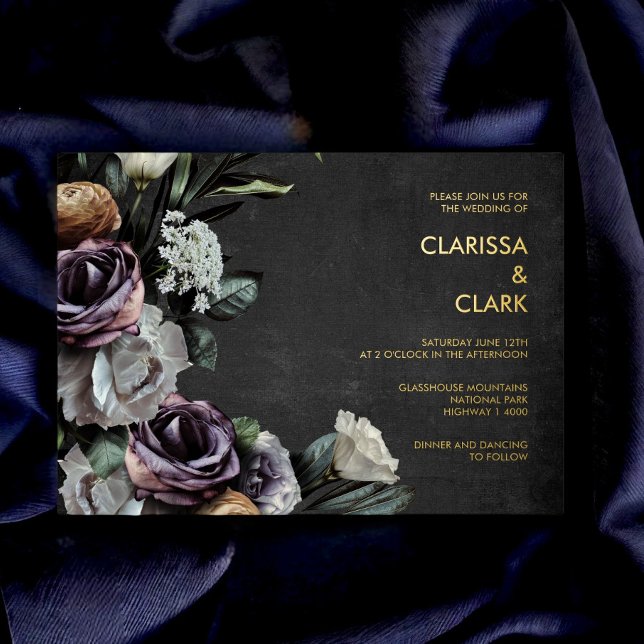 Invitation En Aluminium Dark Moody Bold Floral Black & Purple Mariage (Créateur téléchargé)