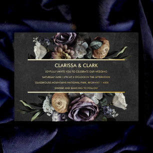Invitation En Aluminium Dark Moody Bold Floral Gold Mariage Foil Invitatia