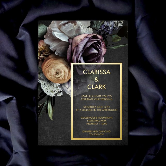 Invitation En Aluminium Dark Moody Bold Floral Mariage or (Créateur téléchargé)
