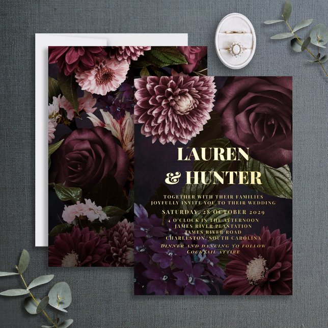 Invitation En Aluminium Dark Moody Bourgogne Floral Mariage Or (Créateur téléchargé)