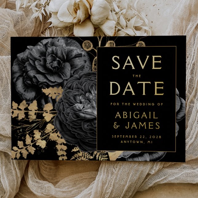 Invitation En Aluminium Dark Moody Floral Black Gold Wedding Enregistrer l (Créateur téléchargé)