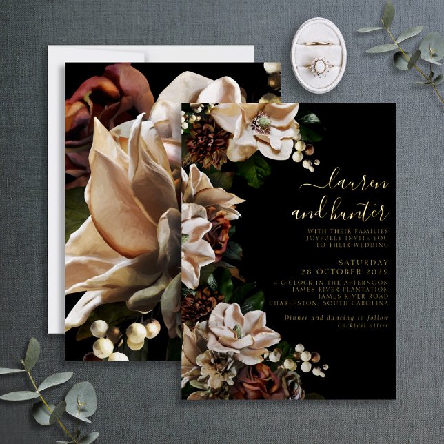 Invitation En Aluminium Dark Moody Magnolia Script Floral Mariage Gold (Créateur téléchargé)