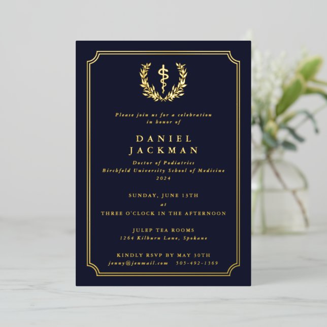 Invitation En Aluminium Dark Navy Asclepius Médicale School Graduation (Debout devant)