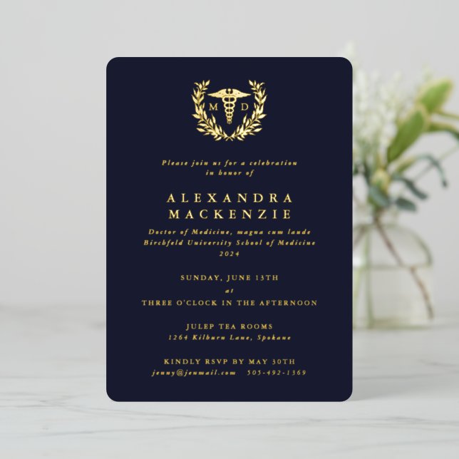 Invitation En Aluminium Dark Navy MD Caduceus + Laurel Wreath Graduation (Debout devant)