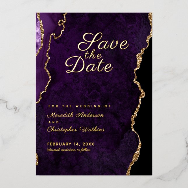 Invitation En Aluminium Date d'or à paillettes Violet Agate (Recto)