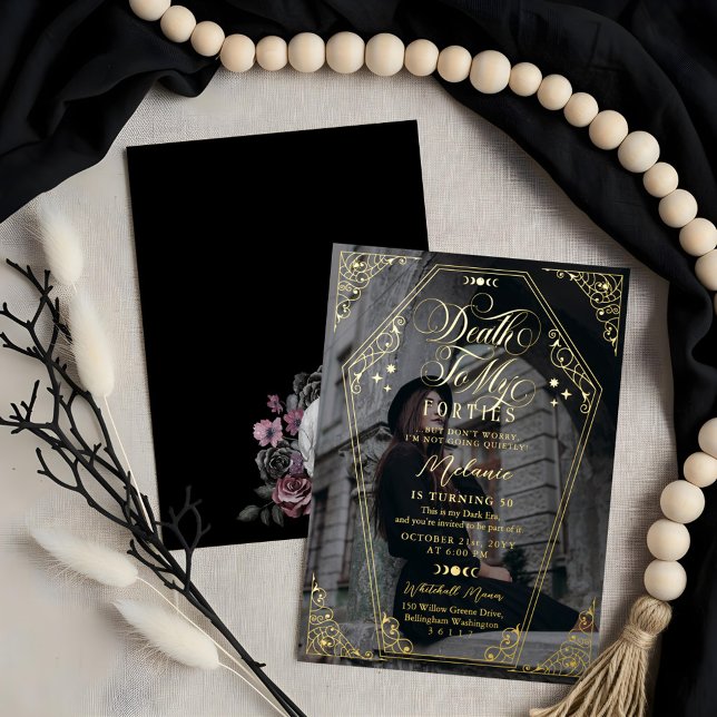 Invitation En Aluminium Décès à mes 40 ans Coffin gothique fête d'annivers (Death to My Forties Gothic Coffin Birthday Party Foil Invitation)