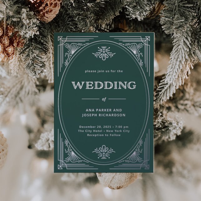 Invitation En Aluminium Déco moderne | Élégant Mariage de vacances vertes (An elegant rich festive green wedding invitation with silver foil accents for the holidays)
