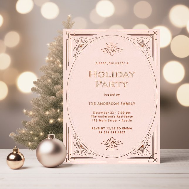 Invitation En Aluminium Déco moderne | Elégant rose Rose de fête de vacanc (An elegant, art deco style holiday party invitation in shimmering rose gold foil on blush pink)