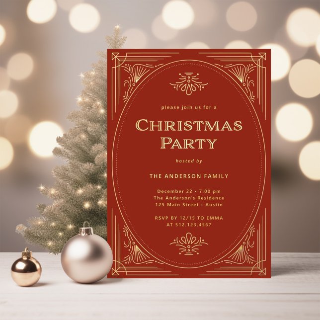Invitation En Aluminium Déco moderne | Elégant Rouge Noël Party Gold (An elegant, gold foil Christmas party invitation with a festive red background)