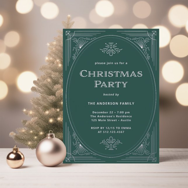 Invitation En Aluminium Déco moderne | Élégante Soirée verte de Noël Argen (An elegant art deco style Christmas party invitation in silver foil with a festive green background)