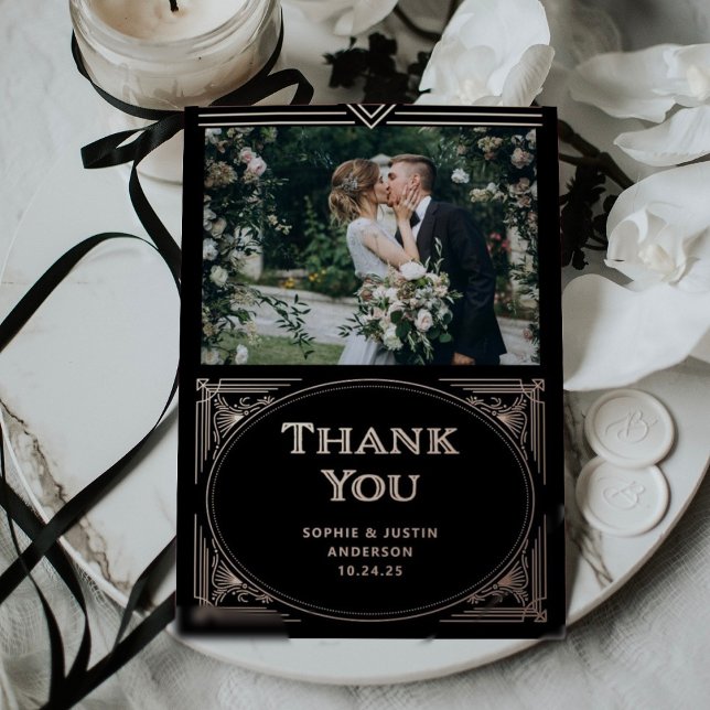 Invitation En Aluminium Déco moderne Noir | Huile d'or Rose (A glamorous, vintage art deco style wedding thank you card with rose gold foil on black, with photos)