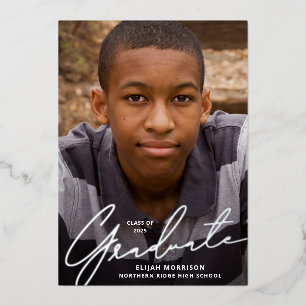 Invitation En Aluminium Décontracté Script Silver Foil 1-Photo Graduation 