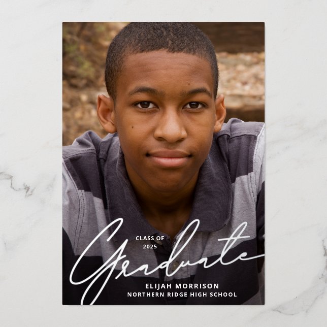 Invitation En Aluminium Décontracté Script Silver Foil 1-Photo Graduation  (Recto)