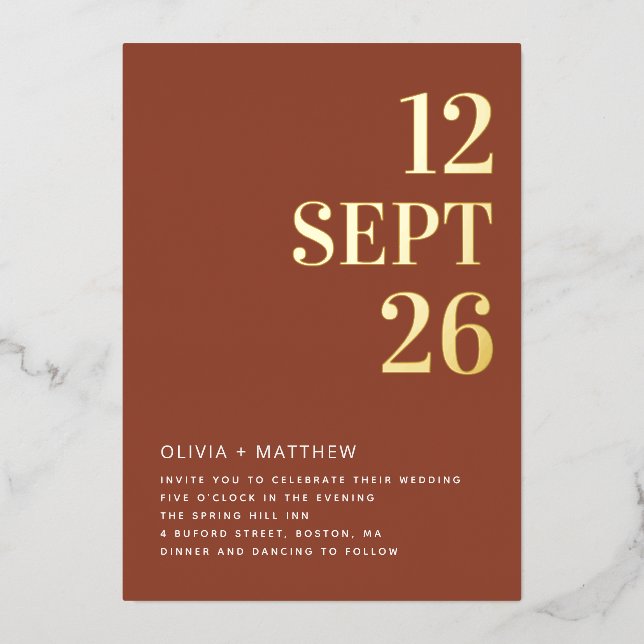 Invitation En Aluminium Deep Terracotta & Gold Wedding | Minimalist Photo (Recto)