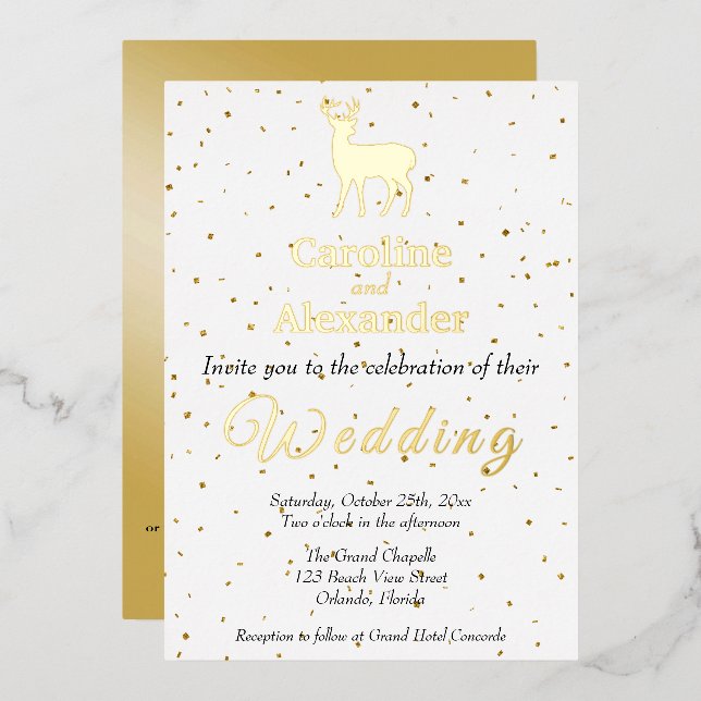 Invitation En Aluminium Deer Buck Silhouette & Glittery Gold Confetti (Recto/Verso)