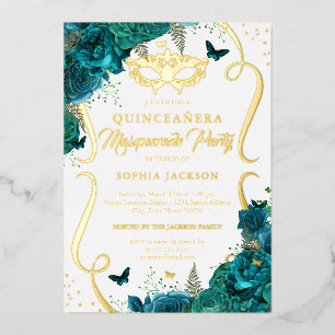 Invitation En Aluminium Défilé Floral Doré Sarcelle Mascarade Quinceanera