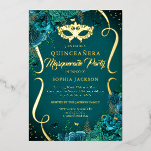 Invitation En Aluminium Défilé Floral Doré Sarcelle Masquerade Quinceanera