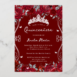 Invitation En Aluminium Défilement de tourbillon argenté rouge floral Quin