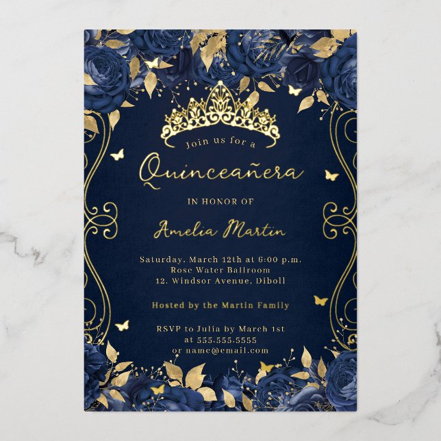 Invitation En Aluminium Défilement floral Quinceanera de la Marine d'or (Recto)