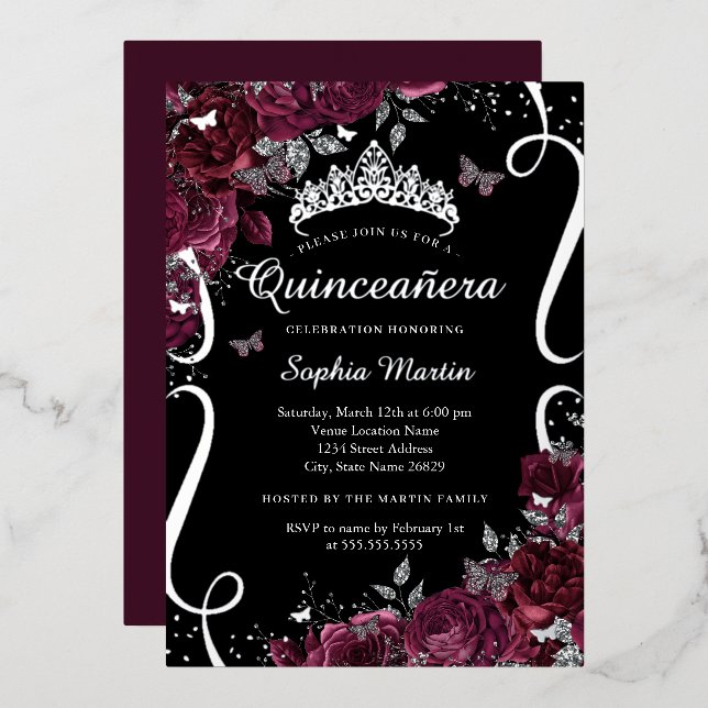 Invitation En Aluminium Défiler Floral Élégant Bourgogne Quinceanera (Recto/Verso)