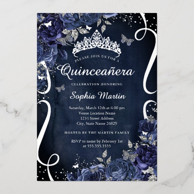Invitation En Aluminium Défiler papillon floral Élégant Marine Quinceanera (Recto)