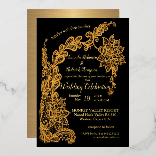 Invitation En Aluminium Dentelle abstraite dorée sur fond noir (Recto/Verso)