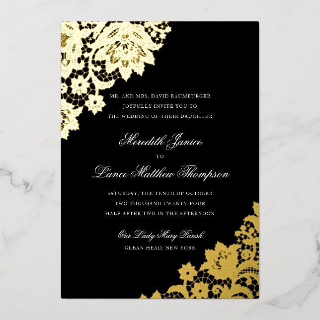 Invitation En Aluminium Dentelle de feuille d'or noir et or Script Mariage (Recto)