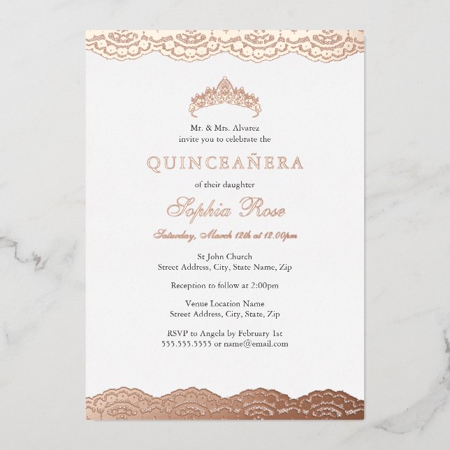 Invitation En Aluminium Dentelle d'or rose Tiara Quinceanera Foil (Recto)