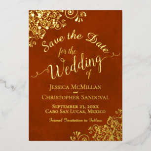 Invitation En Aluminium Dentelle d'or sur la rouille Mariage orange Enregi