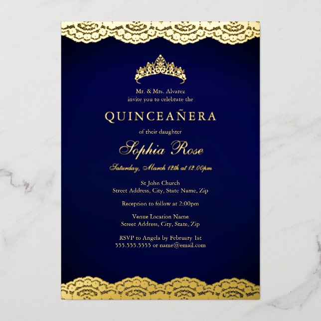 Invitation En Aluminium Dentelle d'or Tiara Quinceanera (Recto)