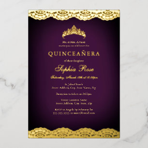 Invitation En Aluminium Dentelle d'or violet Tiara Quinceanera Foil