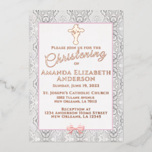 Invitation En Aluminium Dentelle Fausse Rose Baptême
