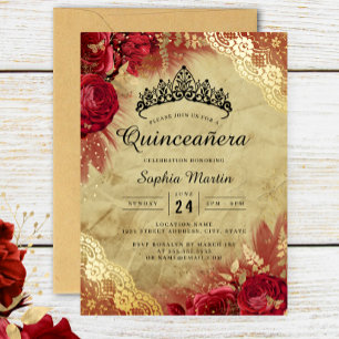 Invitation En Aluminium Dentelle Fleurie Or Rouge Quinceanera