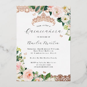 Invitation En Aluminium Dentelle florale Blush Rose Gold Quinceanera