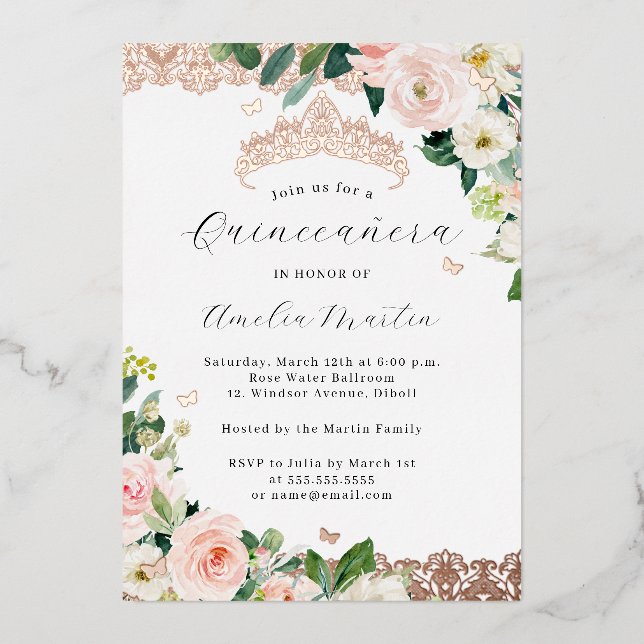 Invitation En Aluminium Dentelle florale Blush Rose Gold Quinceanera (Recto)