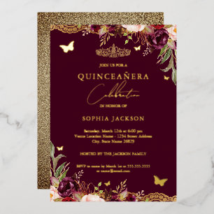 Invitation En Aluminium Dentelle florale Bourgogne Quinceanera Anniversair