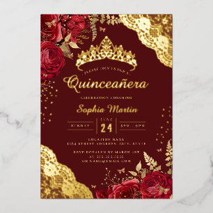 Invitation En Aluminium Dentelle florale rouge Quinceanera
