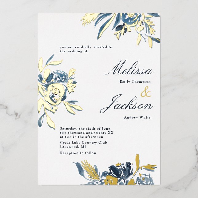Invitation En Aluminium Design Mariage Fleur Bleue et Fleur Or (Recto)